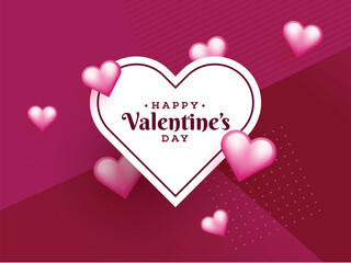 Happy Valentine's Day Greeting Card or Poster Design with Glossy Hearts Decorated on Pink and Red Background.