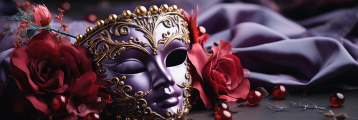 Purple Venetian Carnival Mask Red Rose , Banner Image For Website, Background, Desktop Wallpaper