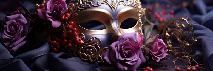 Purple Venetian Carnival Mask Red Rose , Banner Image For Website, Background, Desktop Wallpaper