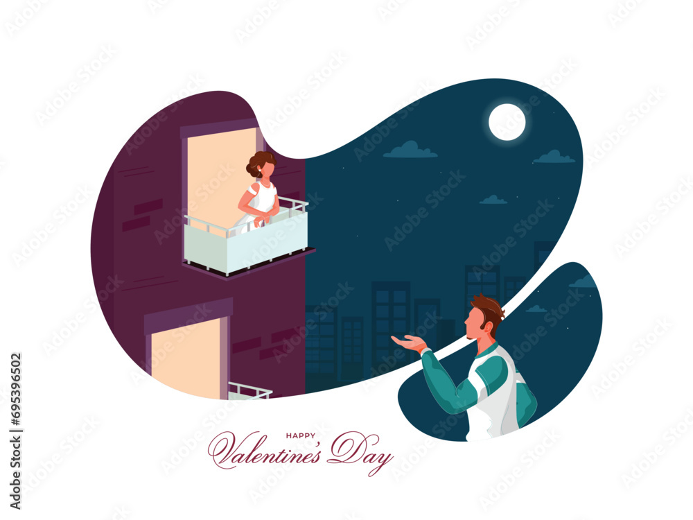 Poster illustration of cartoon young man proposing to his girlfriend on abstract nighttime background for h