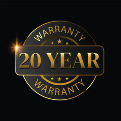 20 year warranty logo with golden shield and golden ribbon.Vector illustration.