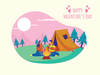 Camping View Background with Young Couple Enjoying Drinks in Front of Bonfire for Happy Valentine's Day Celebration Concept.