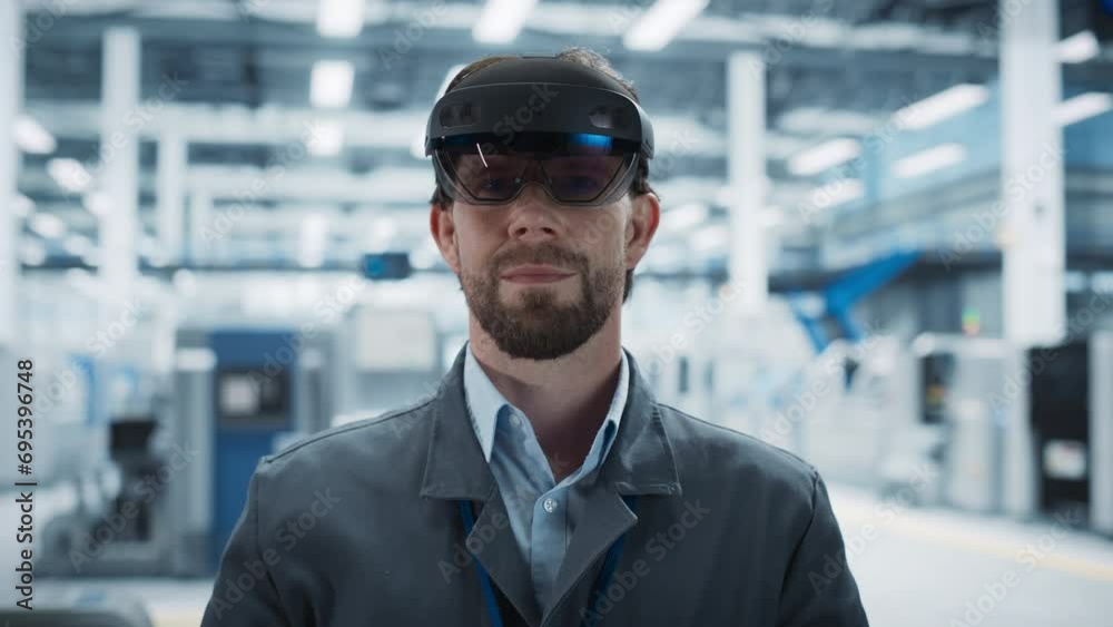 Poster Close Up Portrait Of Caucasian Male Engineer Wearing Augmented Reality Headset, Controlling Autonomous Production At Electronics Factory. Man Using Gestures To Configure Assembly Line of New Computers