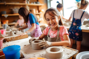 Family crafting pottery together with smiles and happiness.