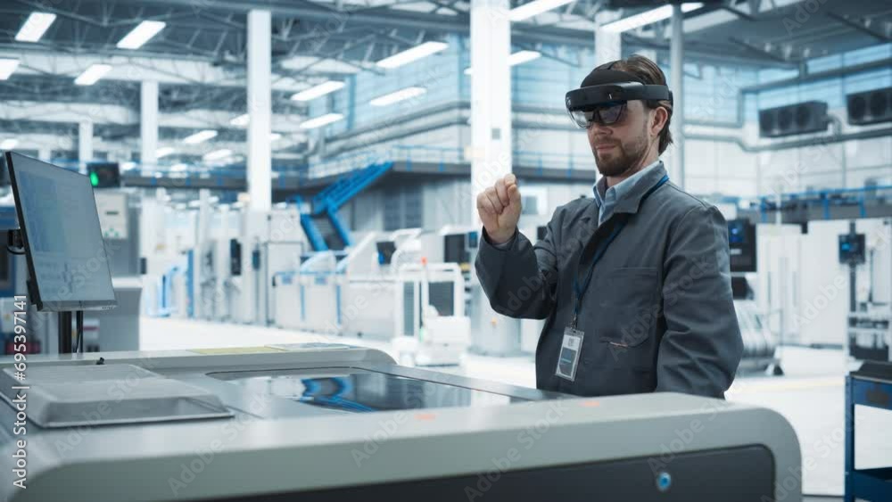 Poster caucasian male engineer wearing an augmented reality headset and controlling soldering jet printer a