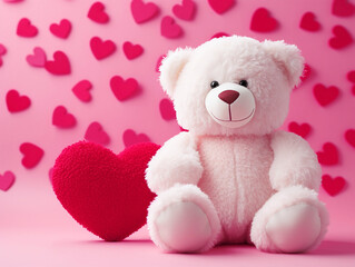 Soft plush toy white fluffy bear on a background of pink hearts