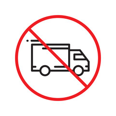 No truck icon. Forbidden lorry icon. No heavy truck vector sign. Prohibited freight vector icon. Warning, caution, attention, restriction label danger flat sign design. No cargo icon. No delivery sign