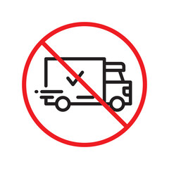 No truck icon. Forbidden lorry icon. No heavy truck vector sign. Prohibited freight vector icon. Warning, caution, attention, restriction label danger flat sign design. No cargo icon. No delivery sign