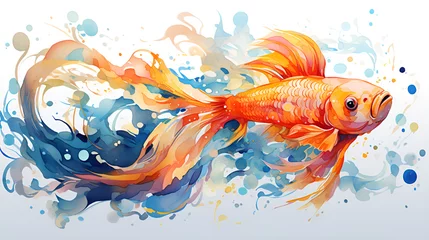 Fotobehang watercolor goldfish with abstract background.  © EvhKorn