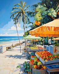 Panoramic view of a tropical beach with palm trees, oranges and other fruits
