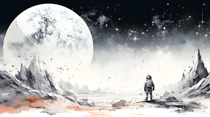 watercolor illustration of astronaut in fantasy space