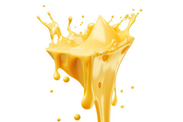Piece of Cheese with drip and melting sauce splashing isolated on transparent png background, cheese slice with liquid swirl, ingredients for making food.
