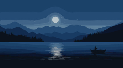 minimalistic vector illustration of a serene lakeside scene under the moonlight, with a solitary rowboat gently floating on the calm water. moonlit lake blues, boat whites - obrazy, fototapety, plakaty