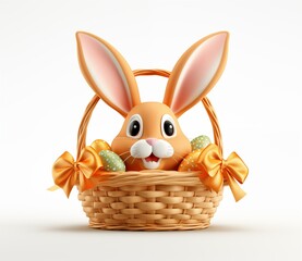 Easter decorative cute rabbit in a basket with eggs on a white background, in 3D cartoon style.