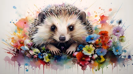 Tuinposter cute hedgehog with flowers on watercolor background © EvhKorn