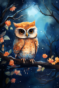 illustration of a cute little owl sitting on a branch with a beautiful background