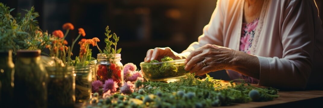 Old Woman Collects Medicinal Herbs Selective , Banner Image For Website, Background, Desktop Wallpaper