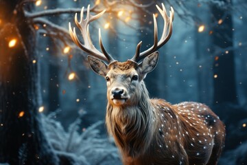 a close up of a deer in a forest with a lot of snow on it's face and a lot of lights on its antlers in the background.