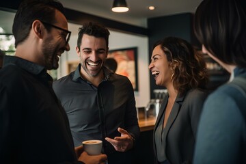 a group of businesspeople or coworkers laughing during a coffee break. concept of work life with a pleasant and comfortable atmosphere. generative AI