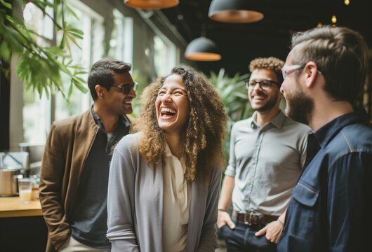 a group of businesspeople or coworkers laughing during a coffee break. concept of work life with a pleasant and comfortable atmosphere. generative AI