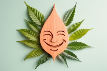Happy Wooden Smiley on a Bed of Cannabis Leaves