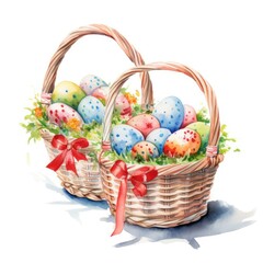 Fototapeta na wymiar Watercolor illustration of baskets with eggs for Easter