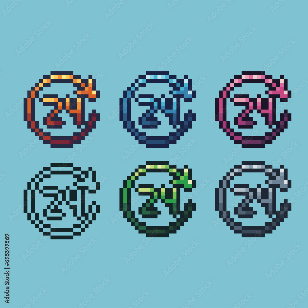 Poster pixel art sets of 24hours icon with variation color item asset. 24hours icon on pixelated style. 8bi