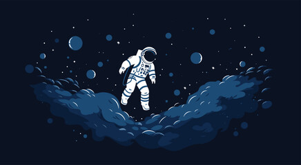 minimalistic vector representation of the vastness of space, with a solitary astronaut floating in zero gravity, surrounded by stars. pace-inspired blues, astronaut whites