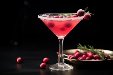  a glass of cranberry martini next to a plate of cranberries and a bowl of cranberries on a black table with a black back ground.