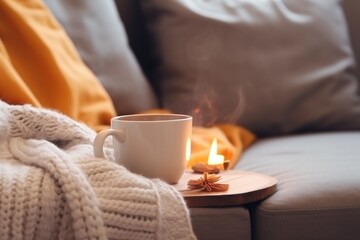 Fototapeta na wymiar a cup of coffee sitting on top of a wooden table next to a blanket and a lit candle on top of a table next to a couch with a blanket on it.
