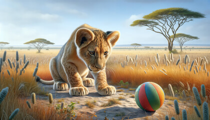 A lion cub's cautious approach to a new object, a colorful ball, on the African savanna - obrazy, fototapety, plakaty