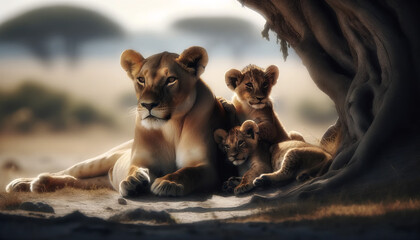 A lioness and her cubs under the shade of a tree during midday on the African savanna - obrazy, fototapety, plakaty