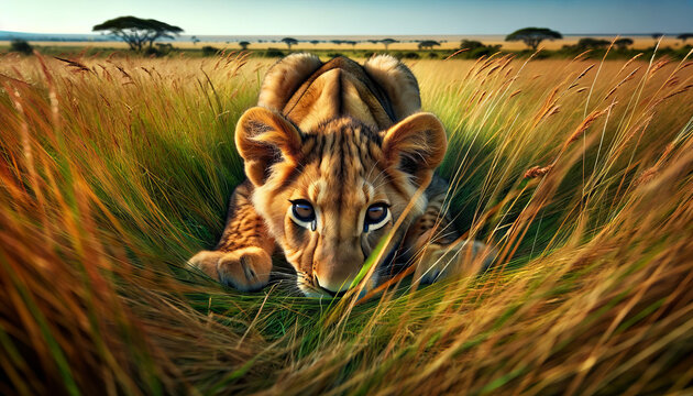 A lion cub practicing its stalking in long grass on the African savanna.
