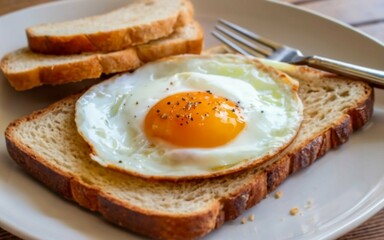 Fried egg on a slice of bread. Created with generative Ai technology.