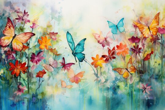  a painting of a bunch of butterflies flying over a field of flowers with a blue sky in the background and a light blue sky in the middle of the picture.