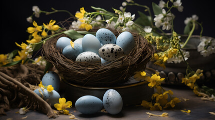 Fototapeta na wymiar easter eggs and nest with flowers on dark background