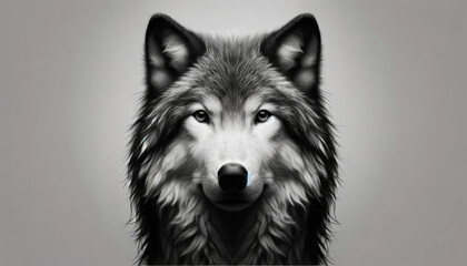 A photorealistic image of a black and white photo of a wolf in a minimalist style, envisioned as a bestseller on Adobe Stock. - obrazy, fototapety, plakaty