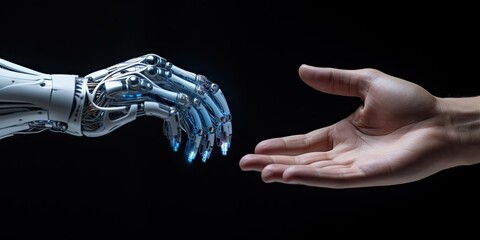 Future of collaboration. Thought provoking image captures essence of future technology and humanity converge. Robotic hand extends in gesture of connection symbolizing potential