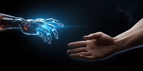 Future of collaboration. Thought provoking image captures essence of future technology and humanity converge. Robotic hand extends in gesture of connection symbolizing potential