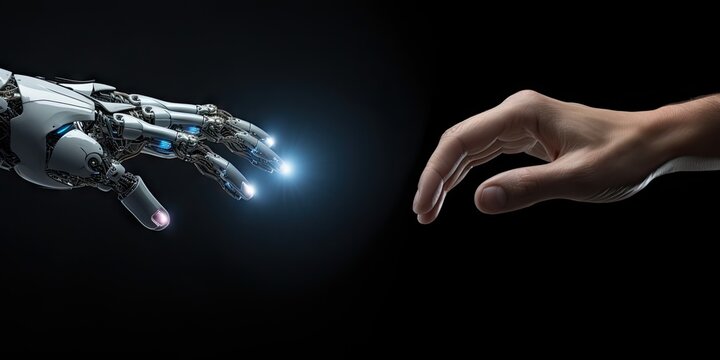 Future of collaboration. Thought provoking image captures essence of future technology and humanity converge. Robotic hand extends in gesture of connection symbolizing potential