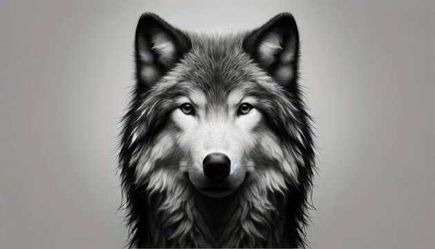A photorealistic image of a black and white photo of a wolf in a minimalist style, envisioned as a bestseller on Adobe Stock.