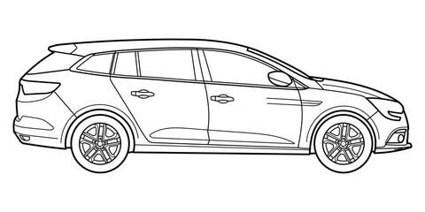 Classic station wagon car. Side view shot. Outline doodle vector illustration	
