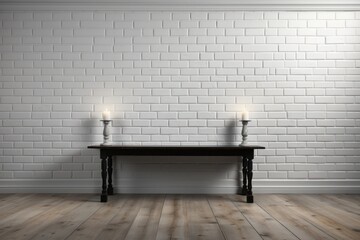  a table with two candles on top of it in front of a white brick wall with two candles on top of it in front of a wooden floor in front of a white brick wall.