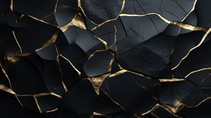 Fond d'un mur noir, texture ardoise, charbon avec des morceaux dorés, en or. Ambiance sombre. Arrière-plan pour conception et création graphique.	