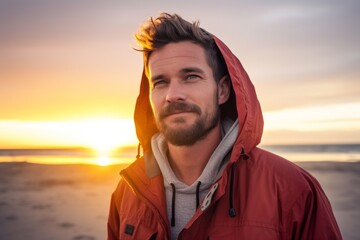 Fototapeta premium Portrait of a content man in his 30s wearing a lightweight packable anorak against a stunning sunset beach background. AI Generation