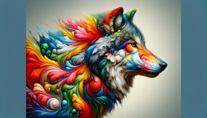 A photorealistic image of an artistic rendering of a wolf in a colorful, abstract style, envisioned as a bestseller on Adobe Stock. - obrazy, fototapety, plakaty