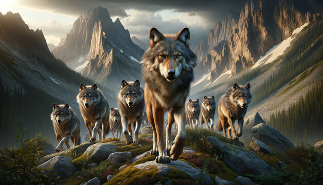 A photorealistic image of an alpha wolf leading its pack through mountainous terrain, envisioned as a bestseller on Adobe Stock.
