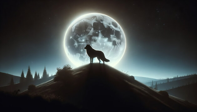 A realistic image of a lone wolf silhouetted against a full moon.