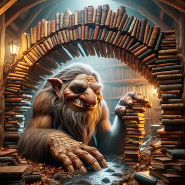 A troll under a bridge made from books, its large, gnarled fingers gently touching the spines as if selecting a story to read.