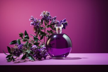 Obraz na płótnie Canvas a bottle of perfume next to a bunch of purple flowers on a purple surface with a pink backround behind the bottle is a branch with purple flowers in the foreground.
